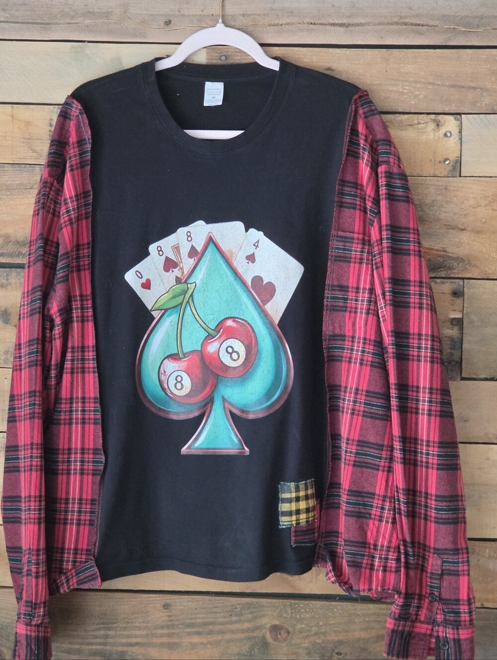 Upcycled Black Graphic Spade with Red Plaid Sleeves